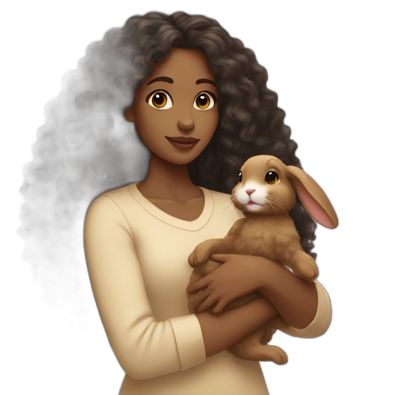 black woman long curly hair holding floppy eared tan rabbit cute emoji