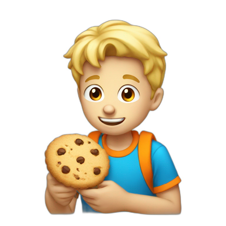 a 11 years blonde old boy with orange tshirt eating cookies emoji