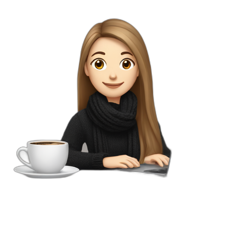 eyes closed smiling woman with pale skin brown long straight hair behind a laptop and a large coffee mug wearing a black woolly shirt and a black woolly scarf emoji