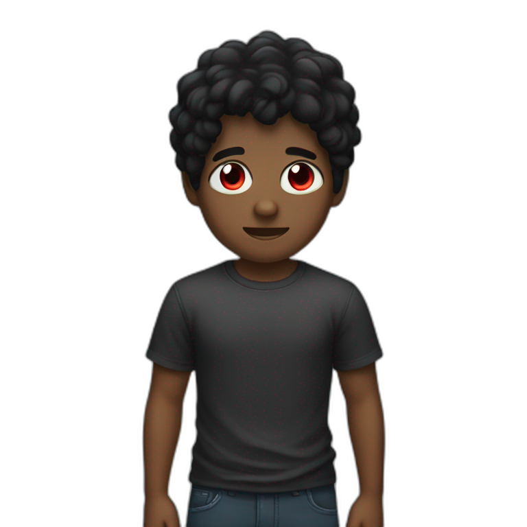 A dark boy with black hair wearing a T-shirt with red eyes emoji
