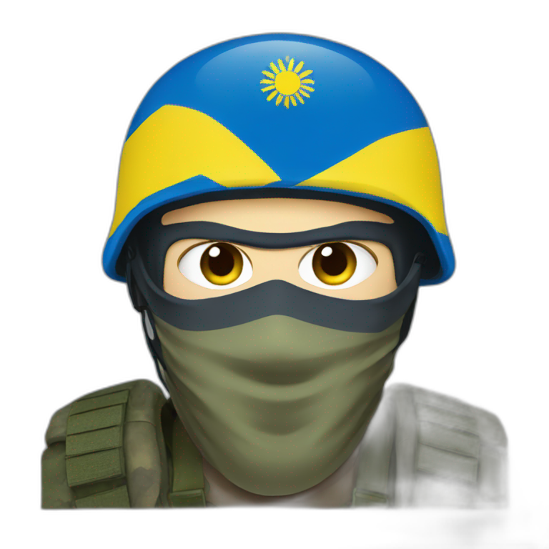 ukrainian soldier face in a mask with a ukrainian flag on the backgroun emoji