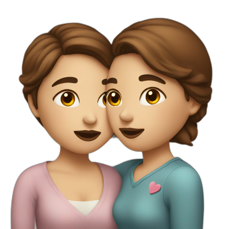 Two women with brown hair kissing with heart emoji