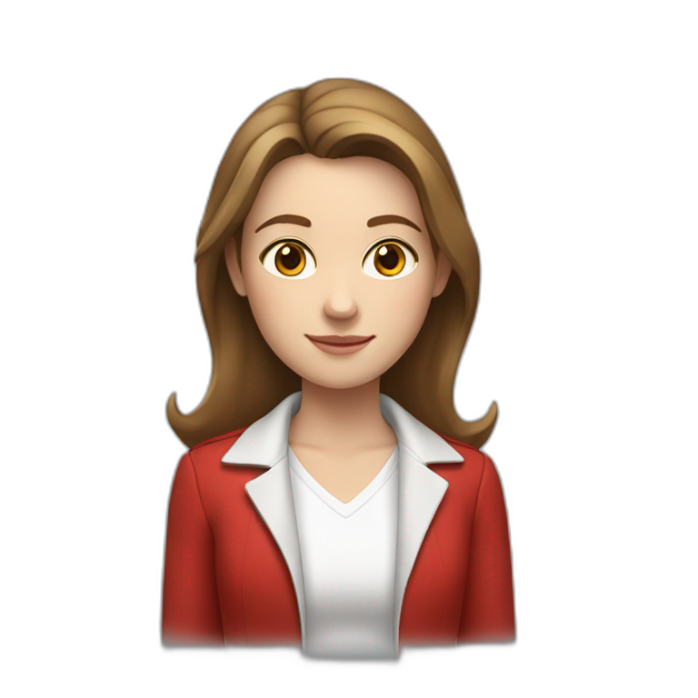Young white woman, brown hair, wearing white shirt and red jacket, both hand above her shoulders  emoji