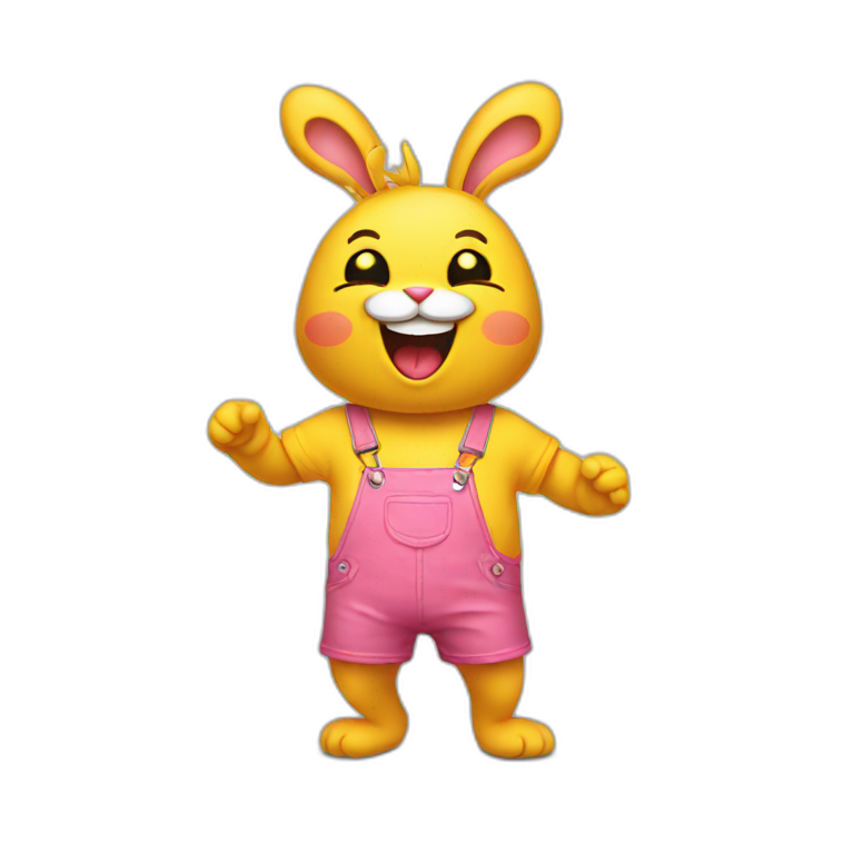Pink rabbit wearing yellow tee shirt, laughing emoji
