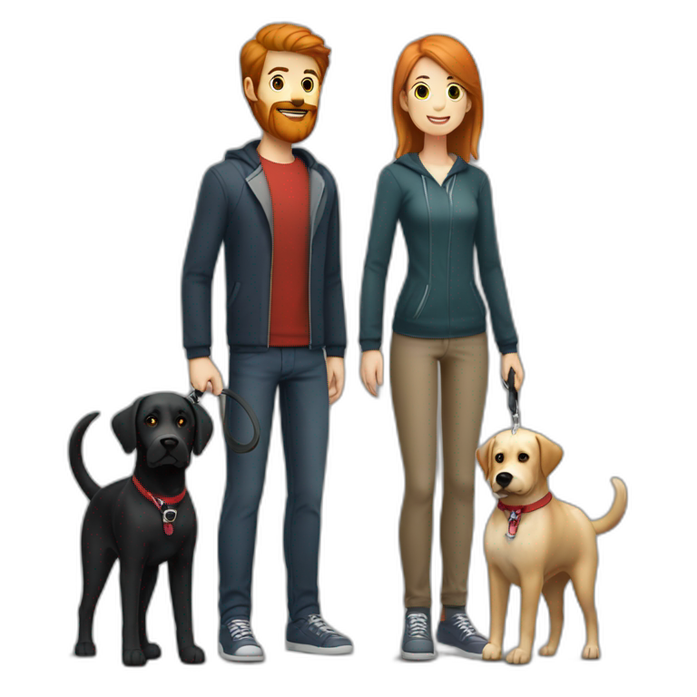 a handsome, slender man in a  sporting a red beard and wear casual outfit, standing next to a black Labrador dog, holding it on a leash emoji