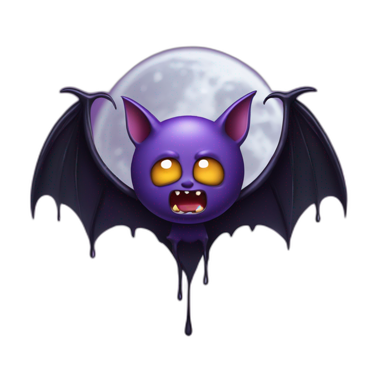 mad face purple black vampire bat wings flying in front of large dripping crescent moon emoji