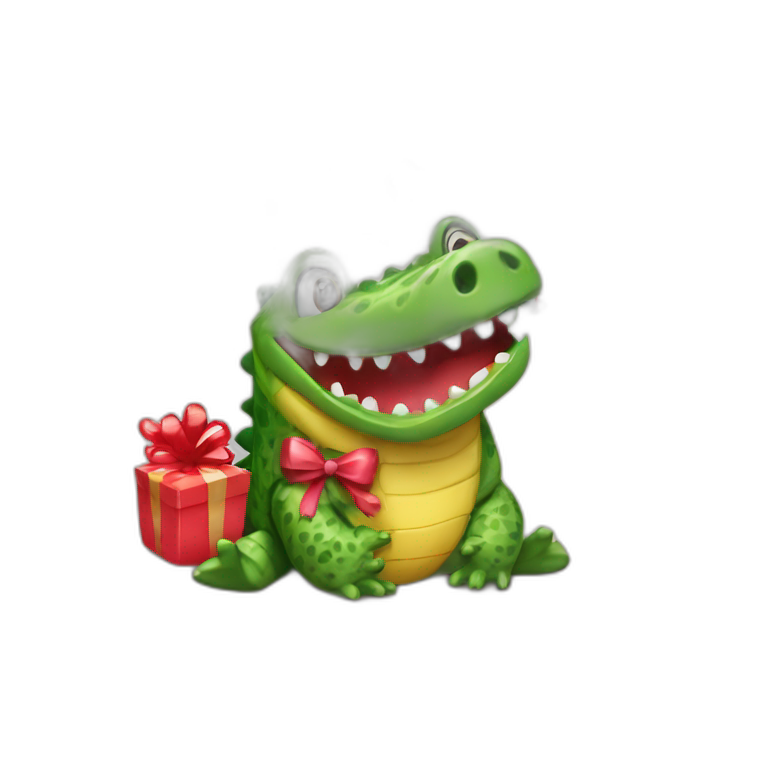 a happy crocodiles with hearts holding a present emoji