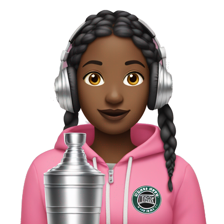 Black girl with boho braids wearing beats headphones while drinking out of pink stanley cup emoji