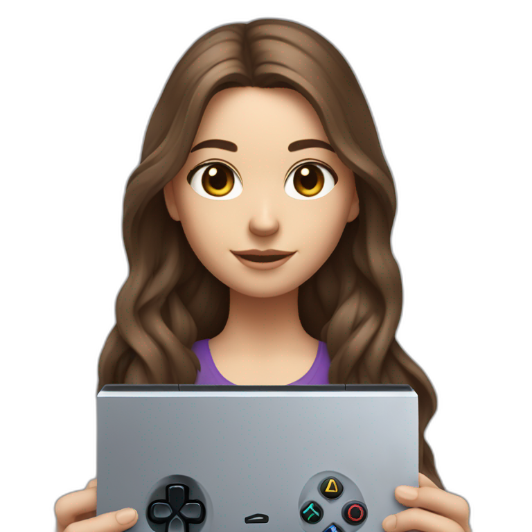 Caucasian Girl with long Brown hair holding the back of a playstation 4 controller looking at a screen emoji