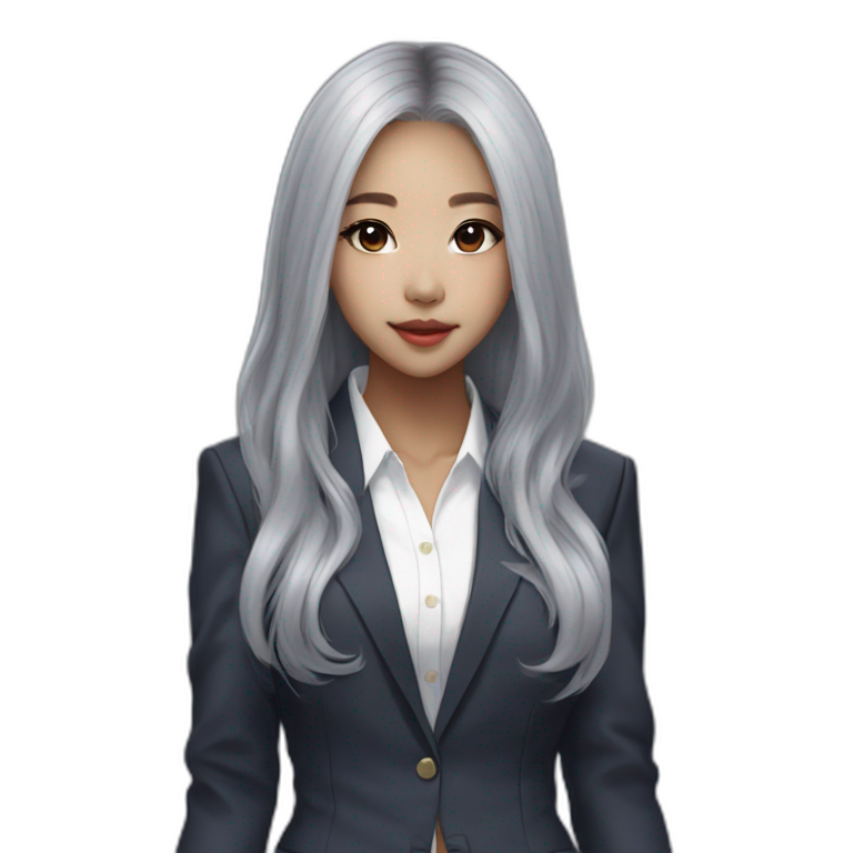 blasian girl, long grey hair, kpop idol, standing, pretty girl, very hot girl, korean american, all her body, standing posture straight, suit  emoji