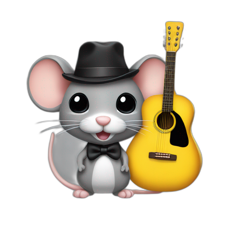 adult grey jerry mouse with white moustache, big black hat, and yellow guitar emoji