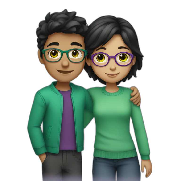 boy and girl hugging each other. the boy, has black wavy hair and wearing glasses, has green eyes. the girl, has medium-short straight hair dyed in purple, with brown eyes. emoji