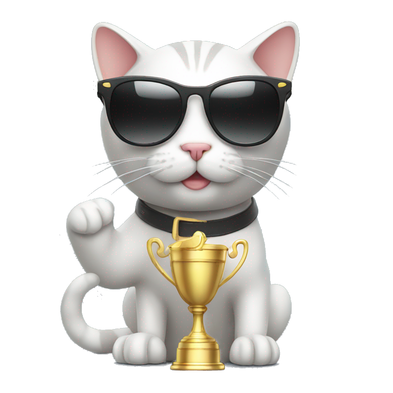 cat wearing sunglasses holding up a number ten trophy emoji
