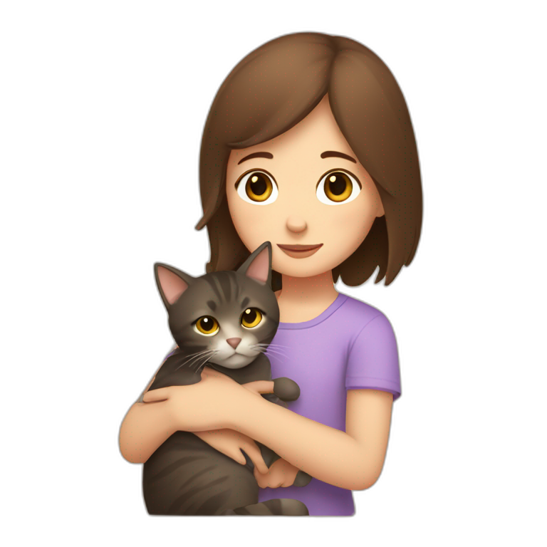 Girl with brown shoulder length hair cuddling a cat emoji