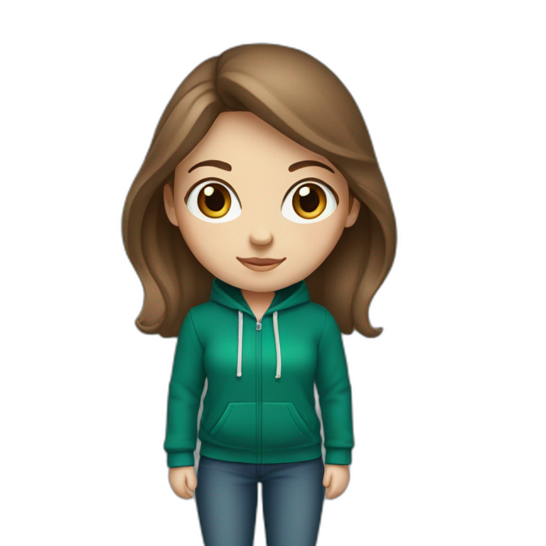White girl with middle long brown hair and blue eyes wearing a darkgreen hoodie  emoji