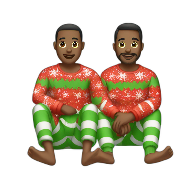 gay couple sitting in christmas pajamas emoji