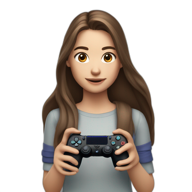 Caucasian Girl with long Brown hair holding a playstation 4 controller as she was playing looking at a screen emoji