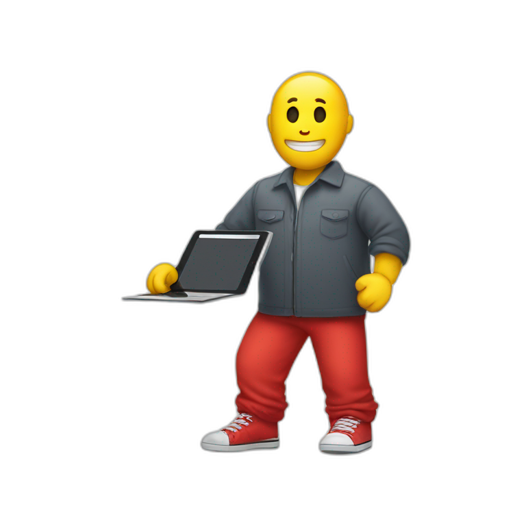 yellow man wearing red shoes holding an ipad emoji