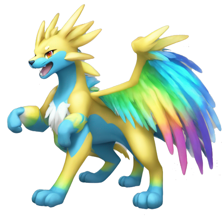 Celestial Powerful Rainbow-Crystallic Colorful Vibrant Colors Flying Advanced Zeraora-Aurorus-Fakémon-Legendary-Pokémon-Creature Full Body emoji