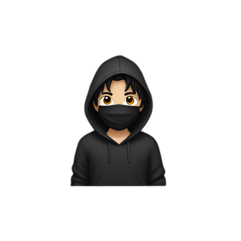 boy wear black hoodie with black mask and black hair emoji