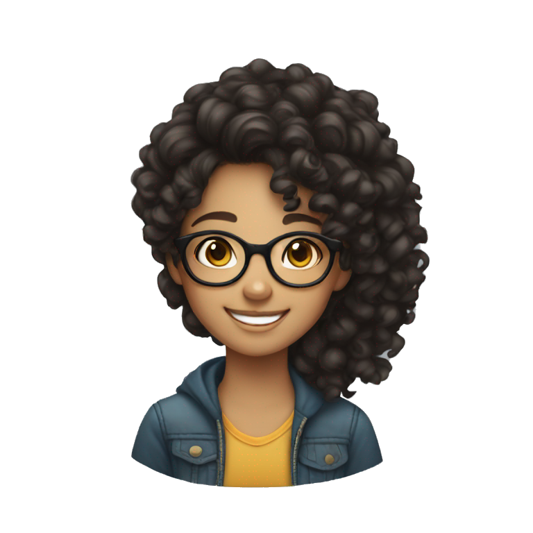 smiling brown teenager girl with long black curly hair and round glasses emoji