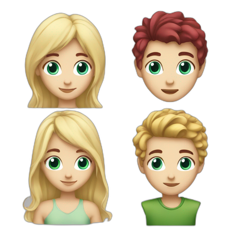 Boy with Burgundy hair and blue eyes and girl with blonde hair and blue eyes and boy with blonde hair and green eyes emoji