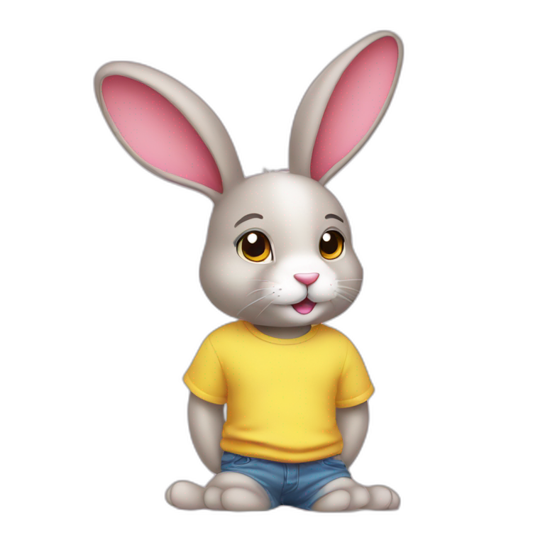 rabbit pink, pull ears, wears teeshirt yellow emoji