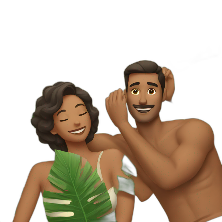 a man is laying and a woman is fanning him with palm leaves emoji