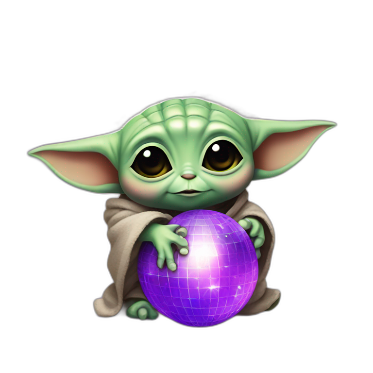 Baby yoda hugging a purple disco ball emoji