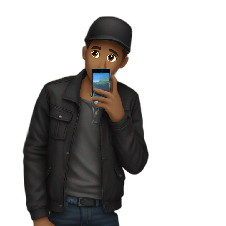 boy in black jacket holding phone emoji