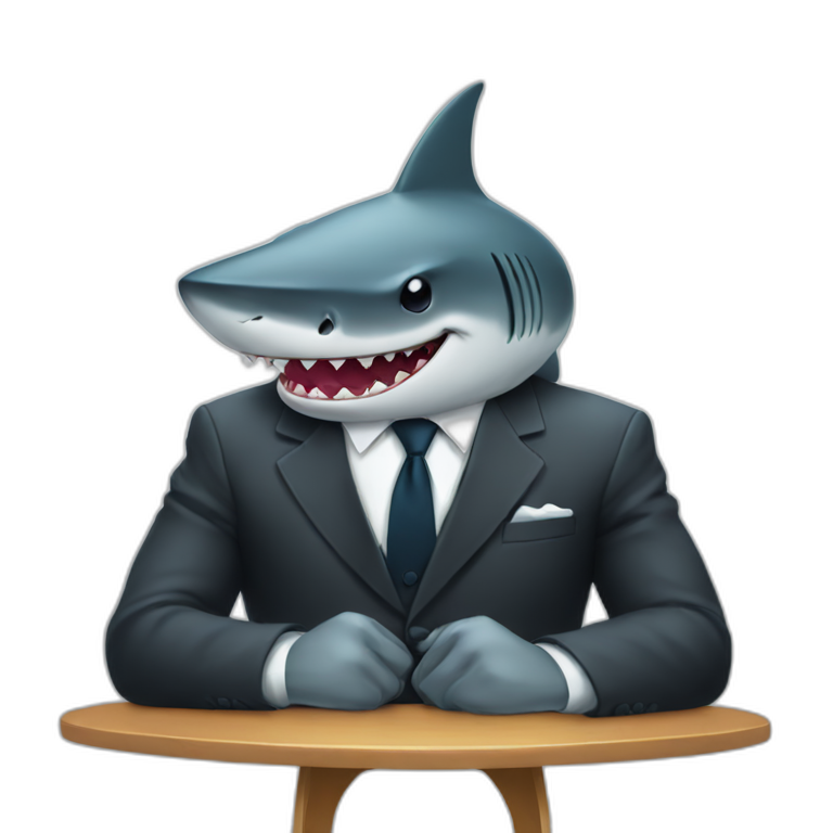A shark sitting on a table wearing a suit looking straight emoji