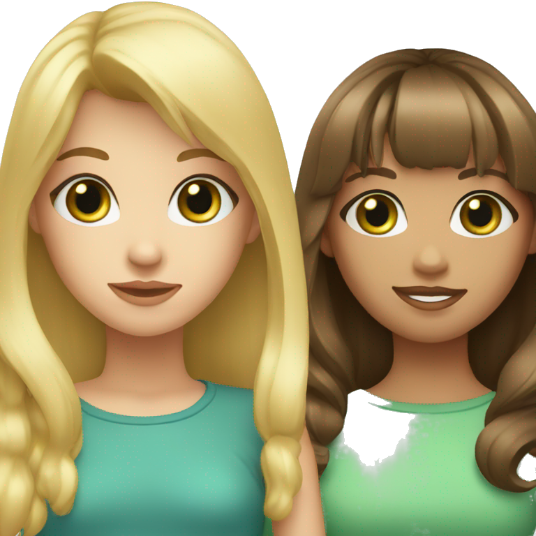 Two best friends, both with bangs, one blonde with blue eyes and the other brown hair with green eyes emoji