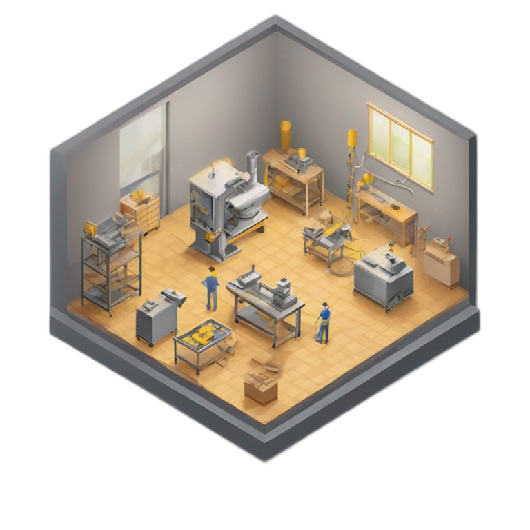 isometric square transparent solid outline border containing indoor creative workshop handmade factory three people actively working cnc machine tools vacuum simple clean industrial emoji