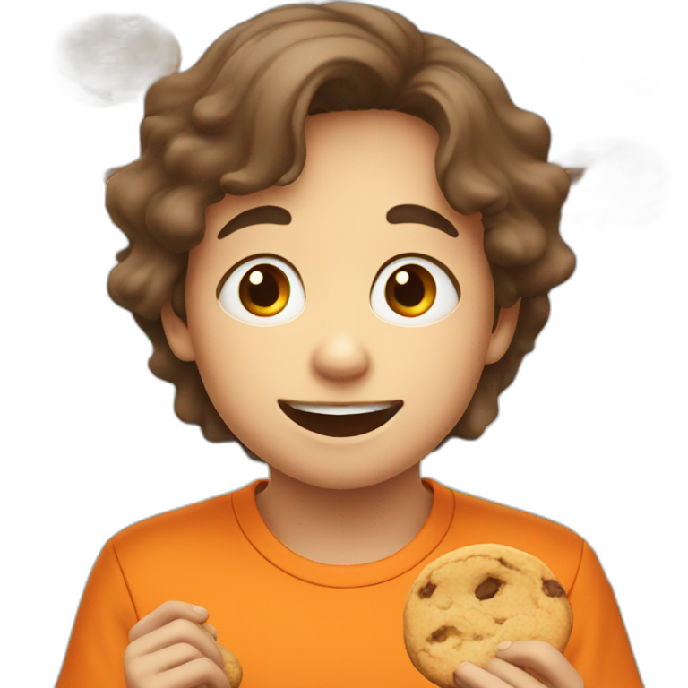 a 11 years old boy with orange tshirt eating cookies emoji