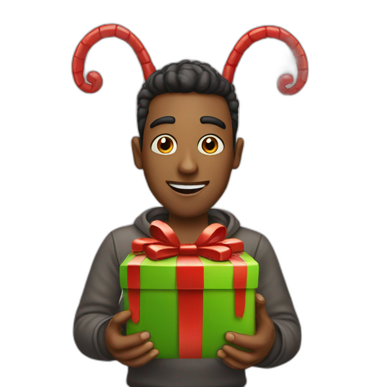 a bug with a christmas gift on his hands emoji