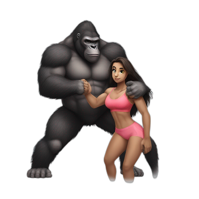 Big buff Gorilla holding a beautiful girl with a big back doing exercises emoji
