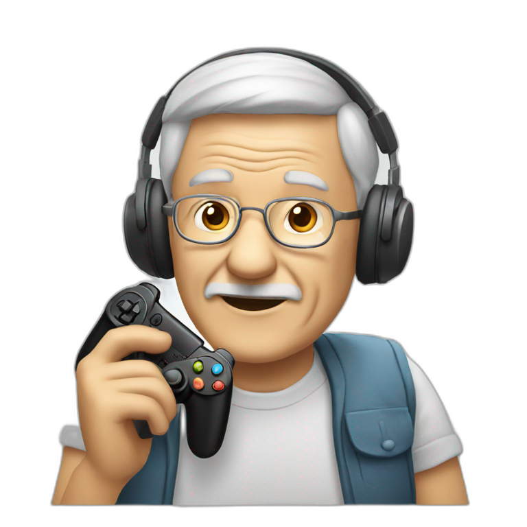 Old man holding a gaming controller and headphones emoji