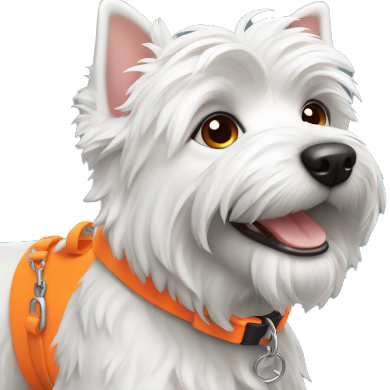 A Westie dog smiling with a neon orange collar emoji