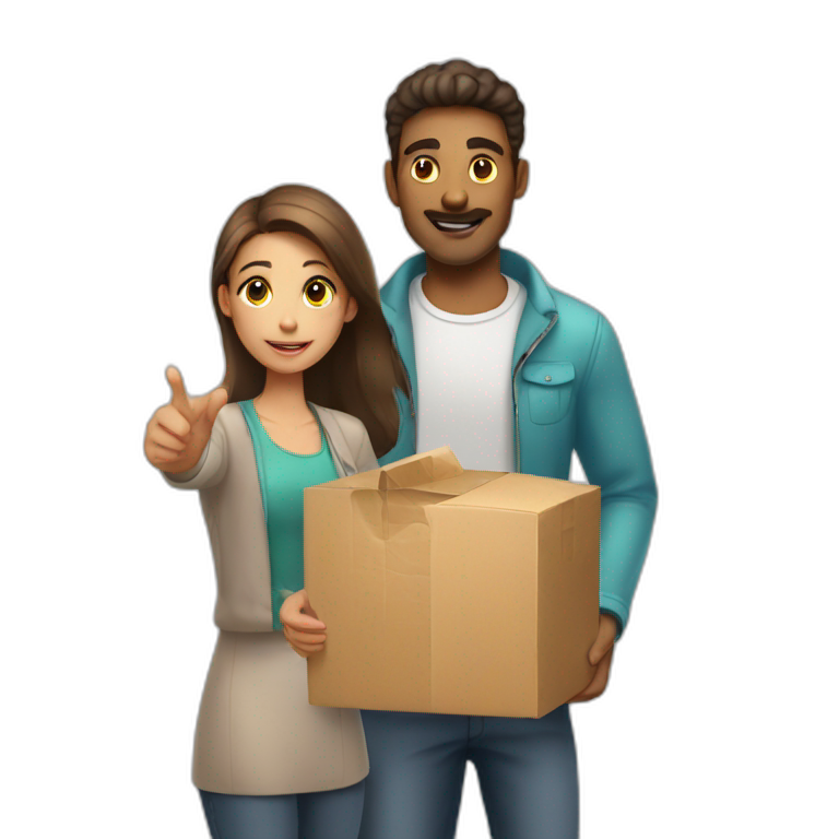 A man giving a girl a package with the word attention on it emoji