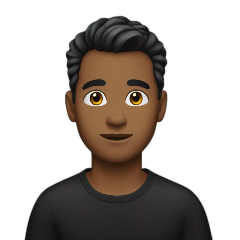 A young man with brown skin, hair tied up, and wearing a black shirt emoji