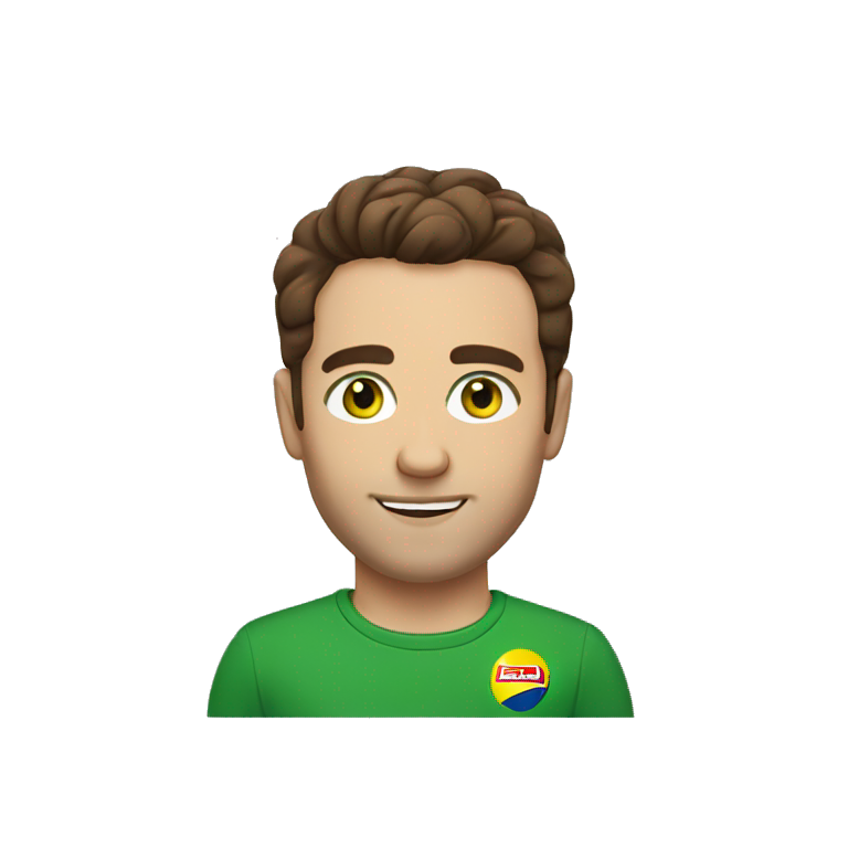 Man with brown hair a lidl t-shirt and green eyes emoji