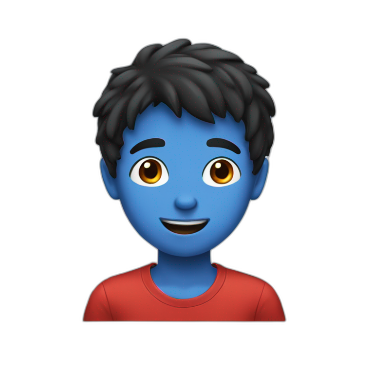 A boy with black hair and a red nose and a blue t-shirt emoji
