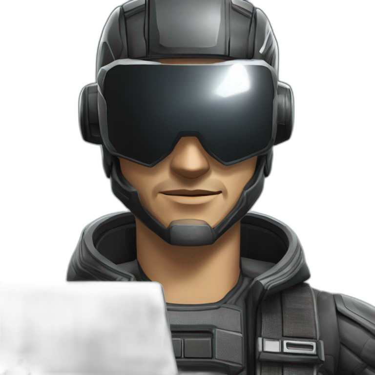 developer behind his laptop with this style : Crytek Crysis Video game with nanosuit hacker themed character emoji