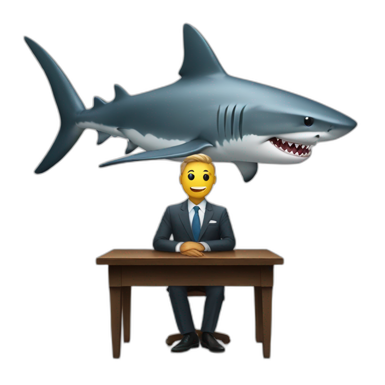 A shark sitting on a table wearing a suit looking straight emoji