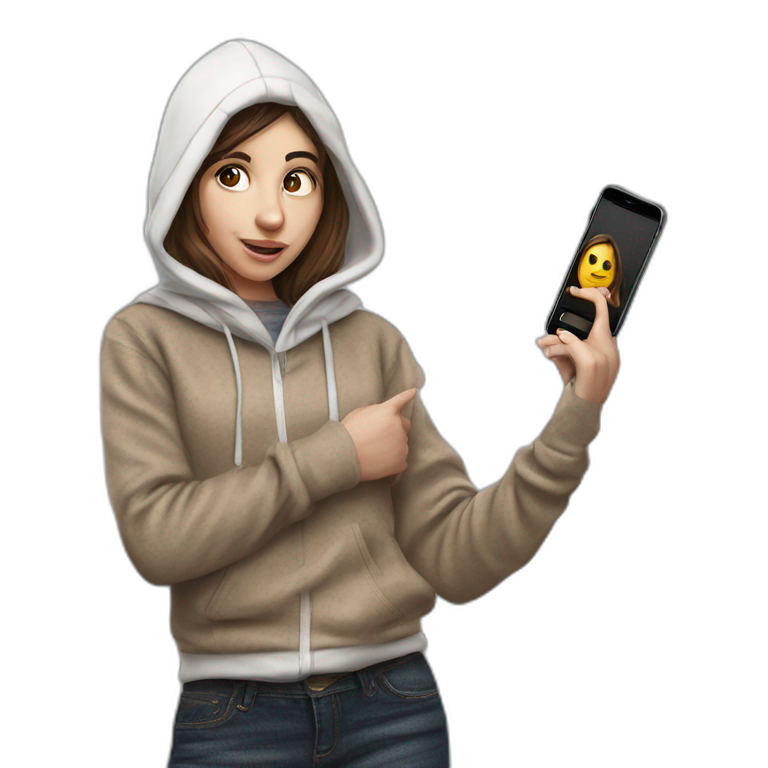 girl with brown hair holding phone emoji