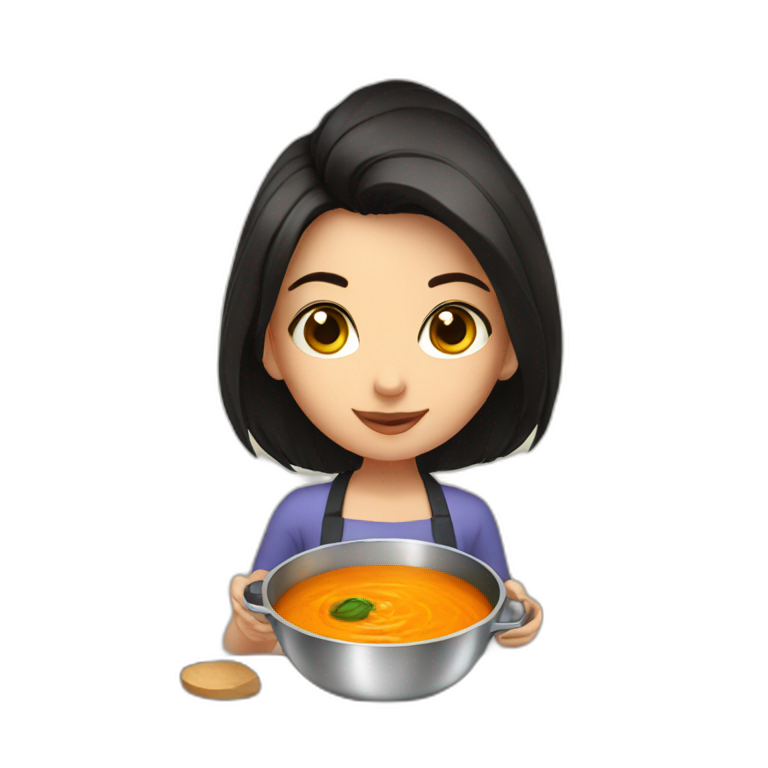 Girl with dark eyes and dark hair, cooking soup with pumpkin emoji