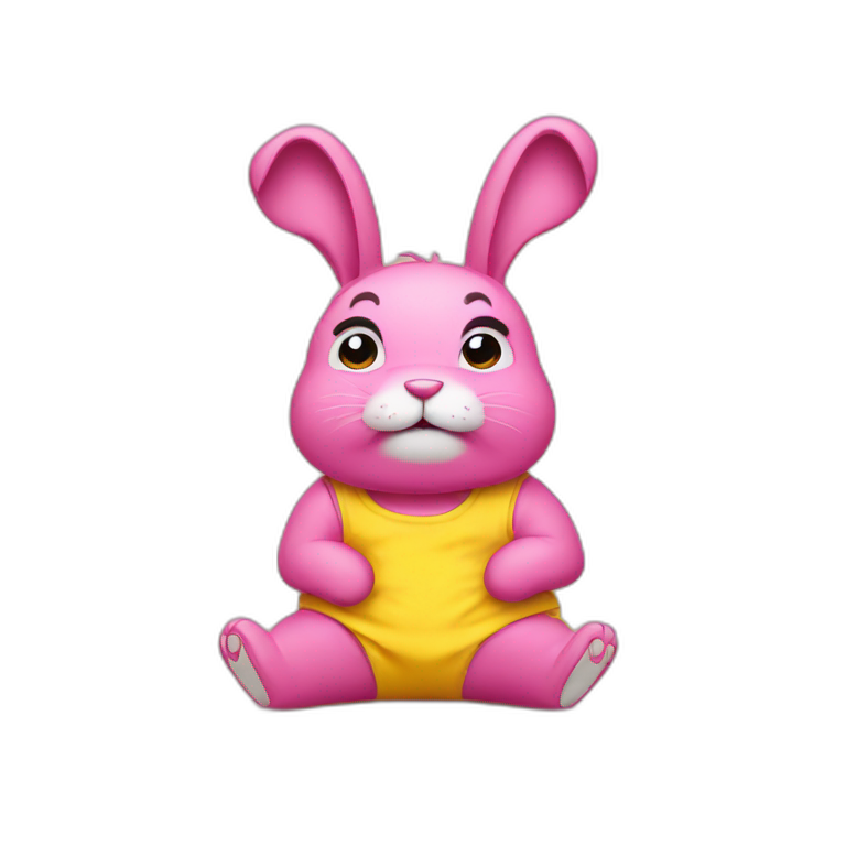 Pink rabbit crying hard, wears yellow teeshirt emoji