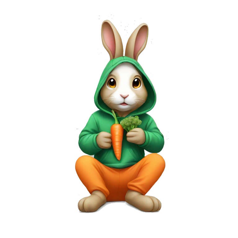 a rabbit wearing a hoodie and eating carrot emoji