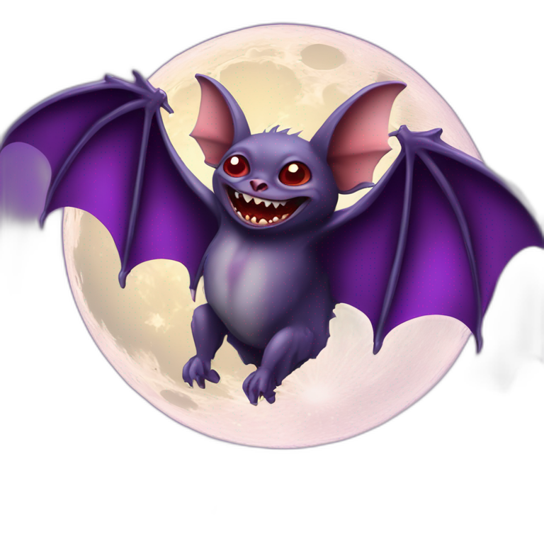 purple dripping mad face vampire bat wings flying in front of large realistic color full moon emoji
