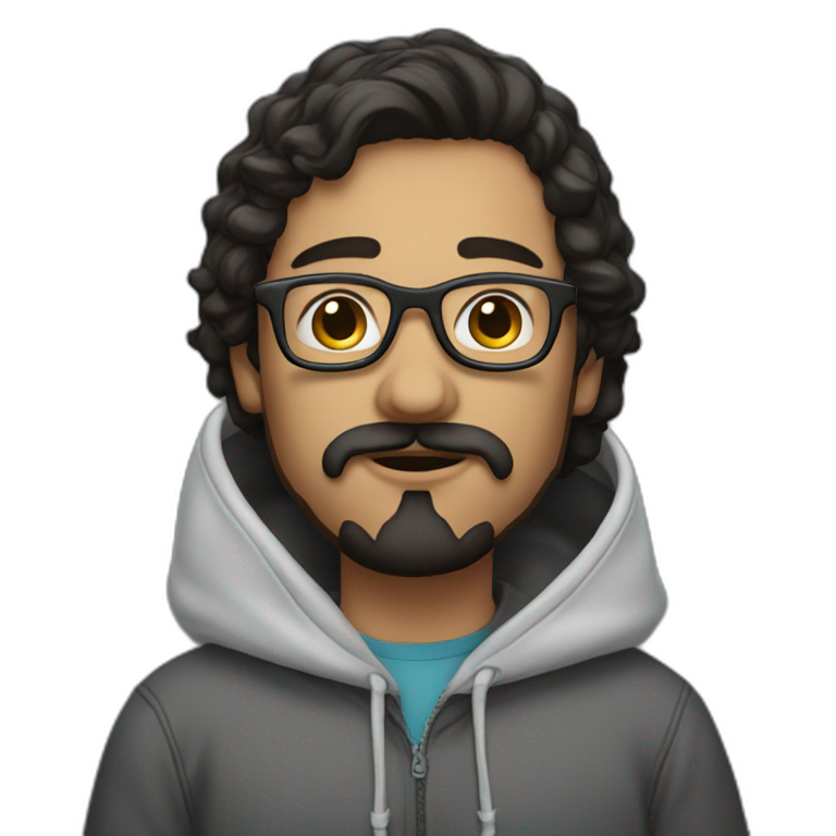 Young man with dark hair moustache and beard wearing a hoodie and glasses emoji